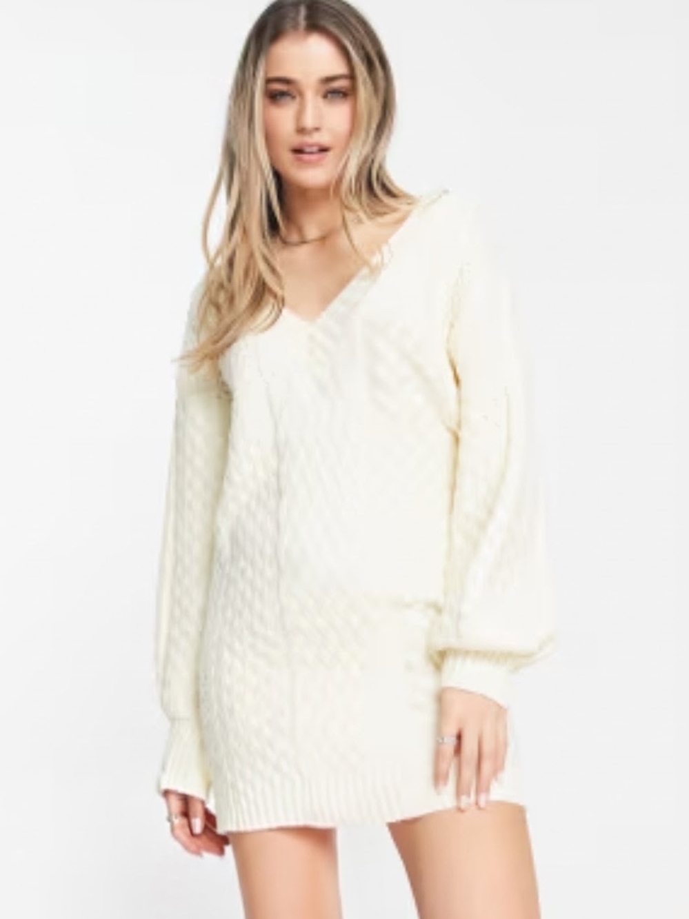 QED London Cream Cable-Knit V-Neck Mini Dress